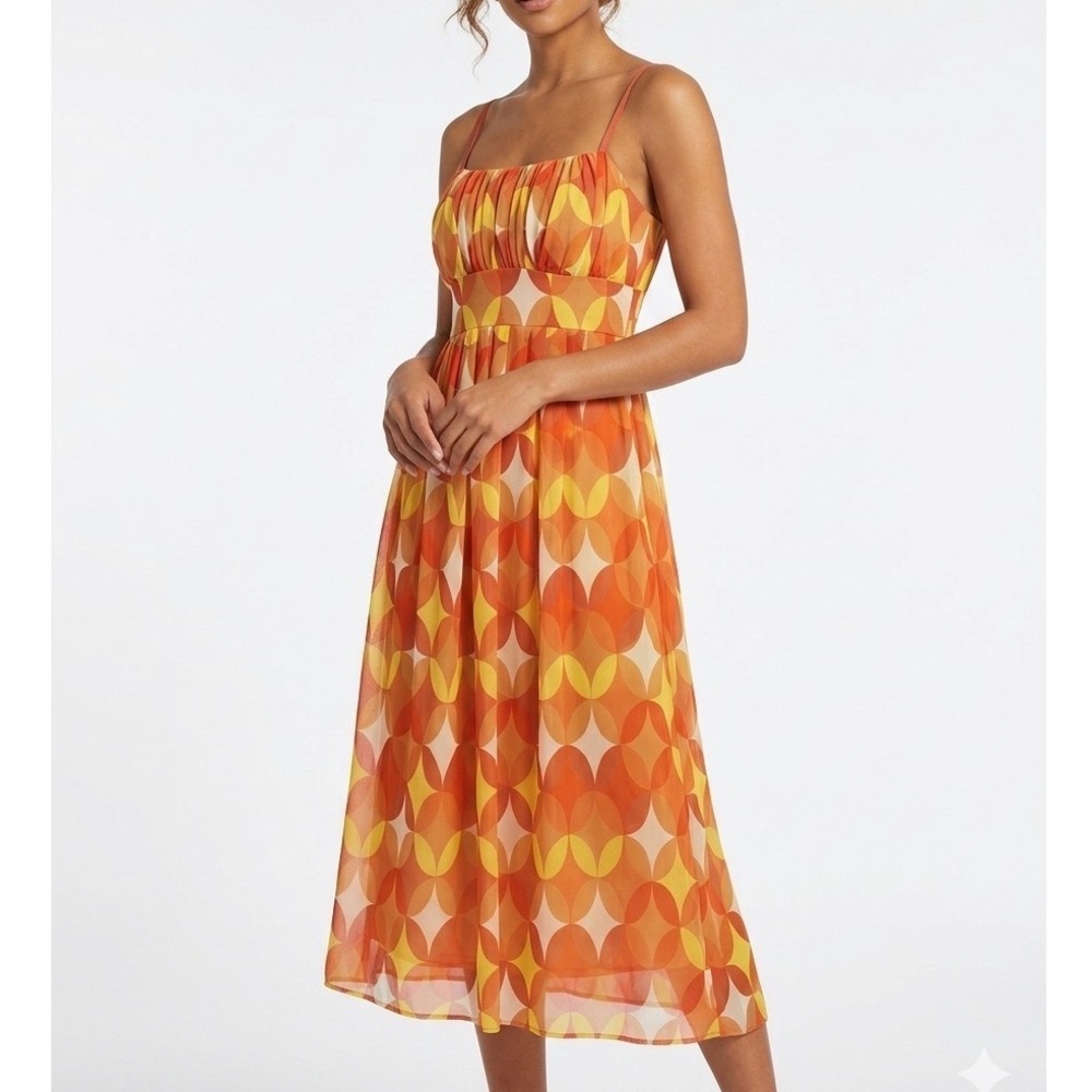 Jonathan Martin Retro Geometric Print Midi Dress 10 Smocked Tie Waist Chiffon